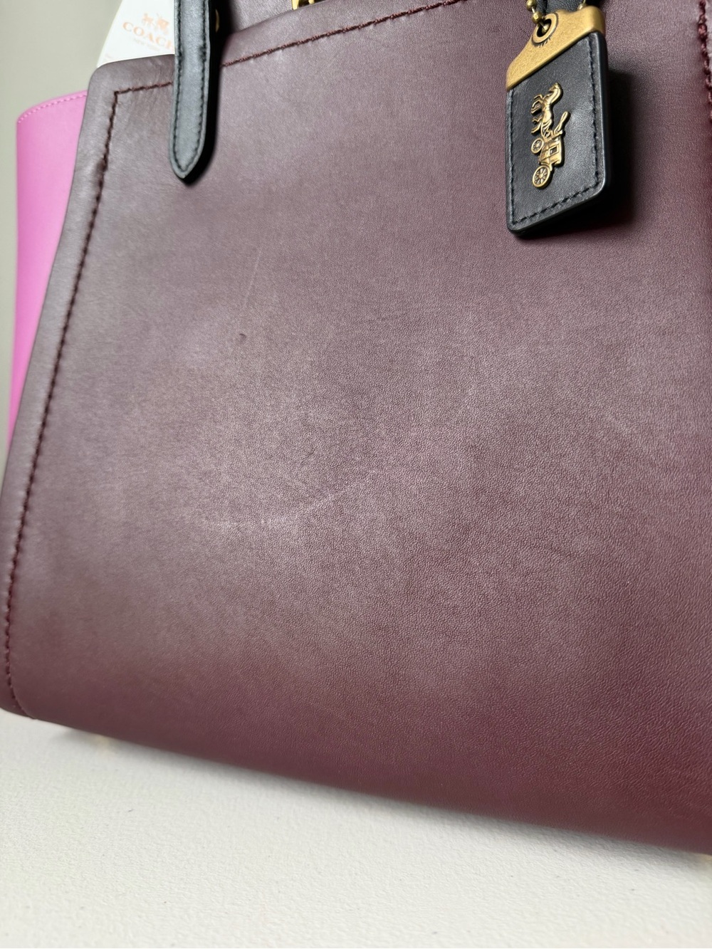 Coach Colorblock Troupe Bag Two-Tone Burgundy and Pink Leather Tote - Picture 11 of 12
